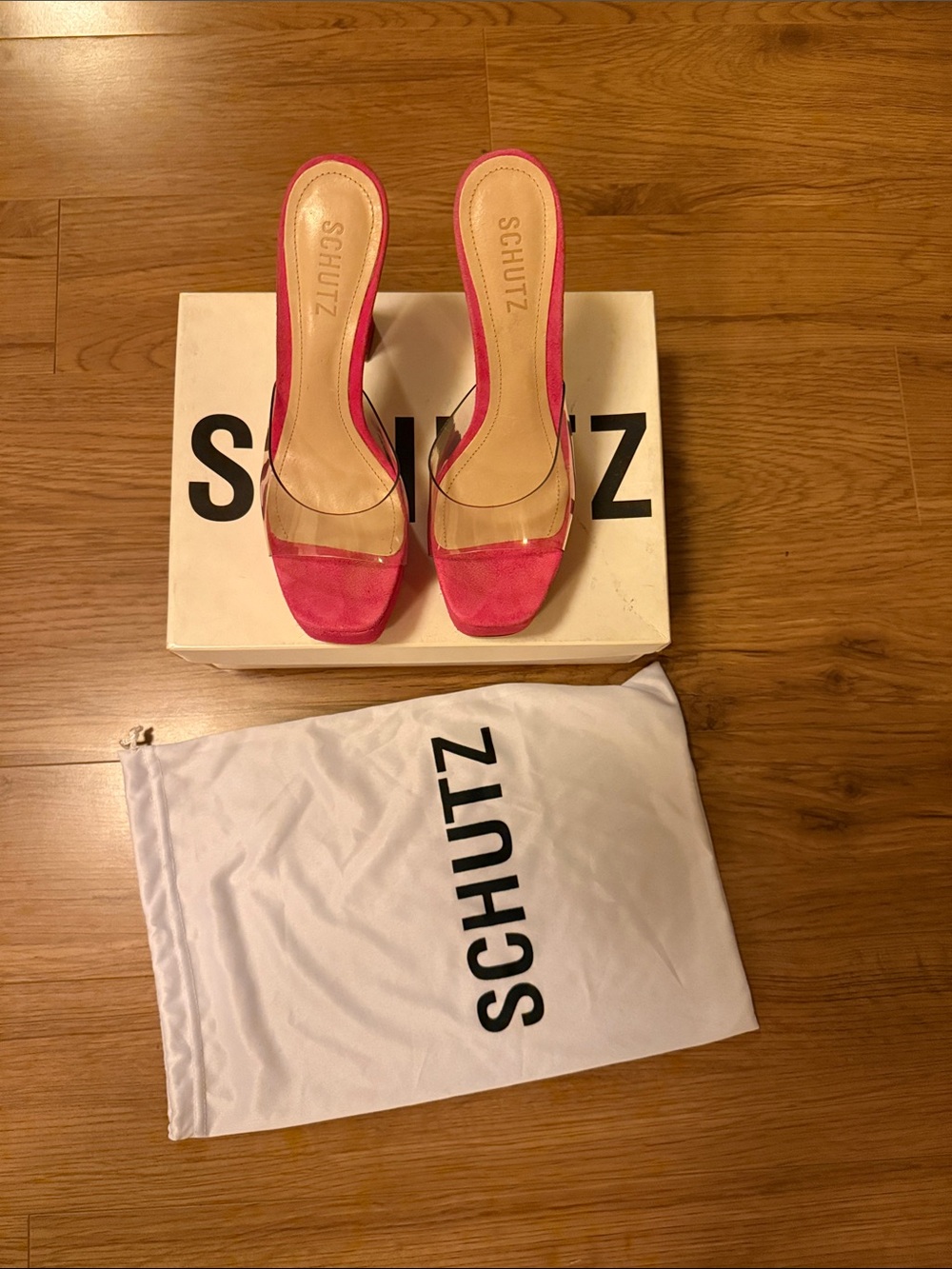 SCHUTZ Hot Pink Suede Slide Sandals with Clear Strap - Picture 4 of 4